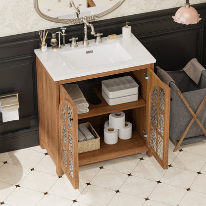 31-Inch Antique Natural Bathroom Vanity with Ceramic Sink - 1st Choice Furniture Direct