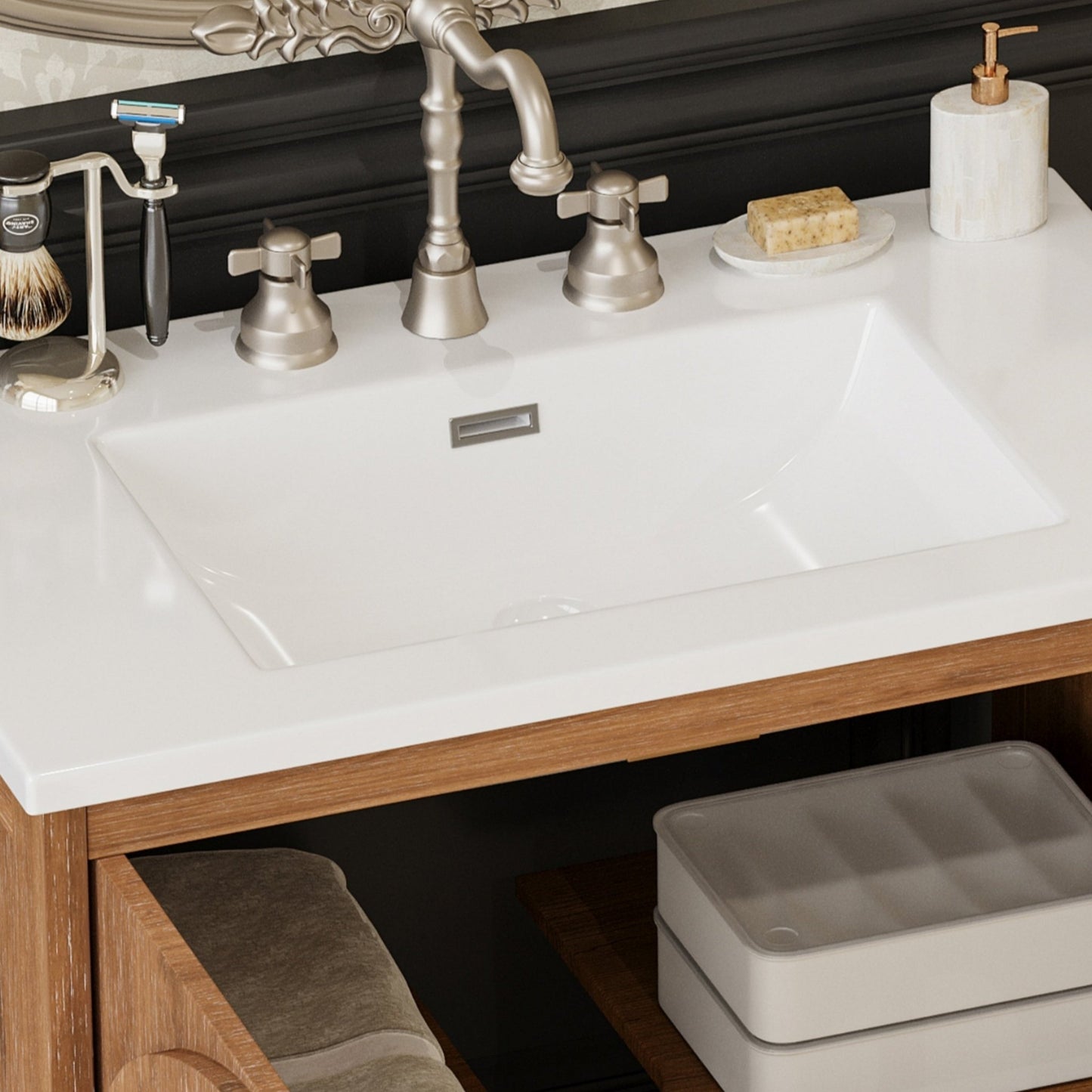 31-Inch Antique Natural Bathroom Vanity with Ceramic Sink - 1st Choice Furniture Direct