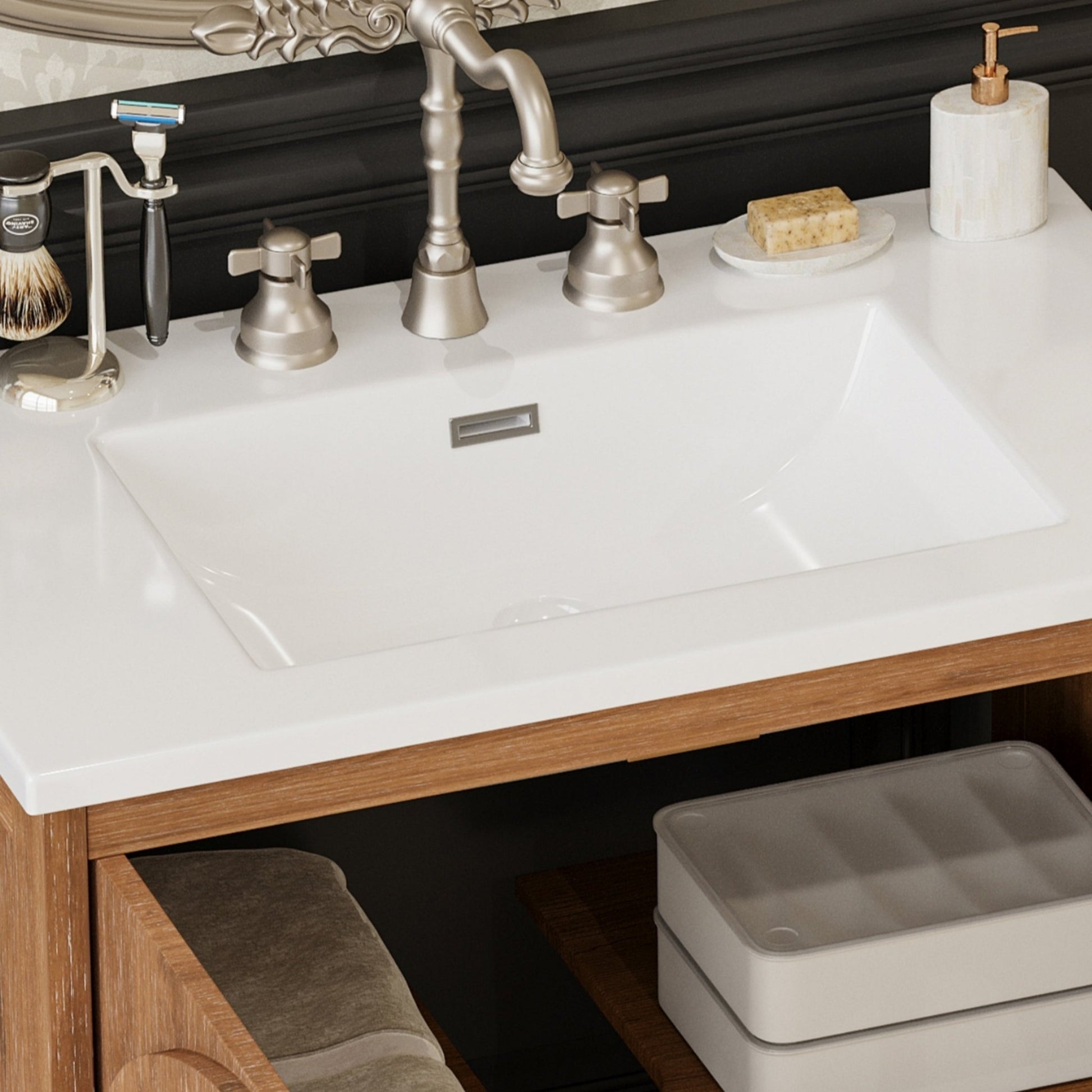 31-Inch Antique Natural Bathroom Vanity with Ceramic Sink - 1st Choice Furniture Direct