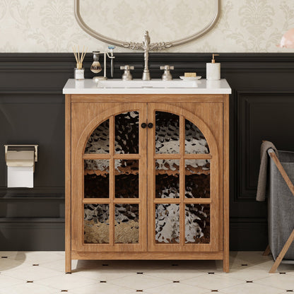 31-Inch Antique Natural Bathroom Vanity with Ceramic Sink - 1st Choice Furniture Direct