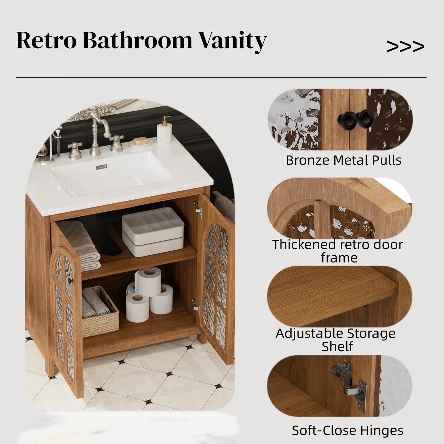 31-Inch Antique Natural Bathroom Vanity with Ceramic Sink - 1st Choice Furniture Direct