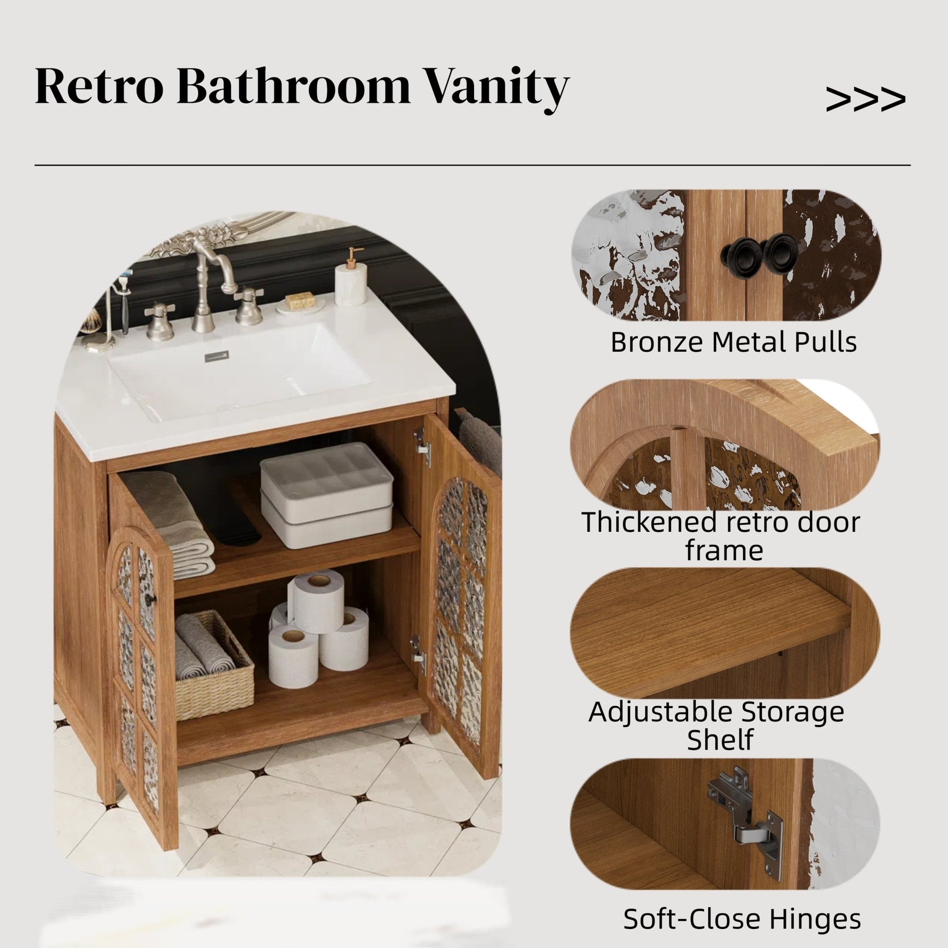 31-Inch Antique Natural Bathroom Vanity with Ceramic Sink - 1st Choice Furniture Direct