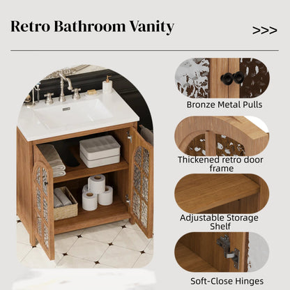31-Inch Antique Natural Bathroom Vanity with Ceramic Sink - 1st Choice Furniture Direct