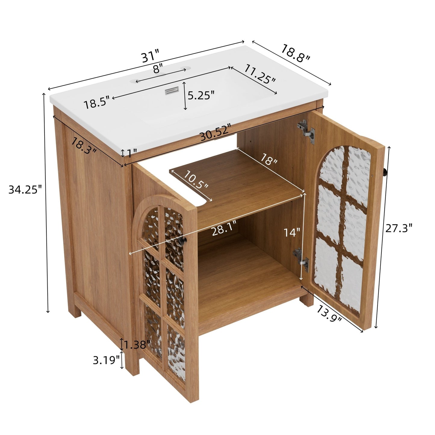31-Inch Antique Natural Bathroom Vanity with Ceramic Sink - 1st Choice Furniture Direct