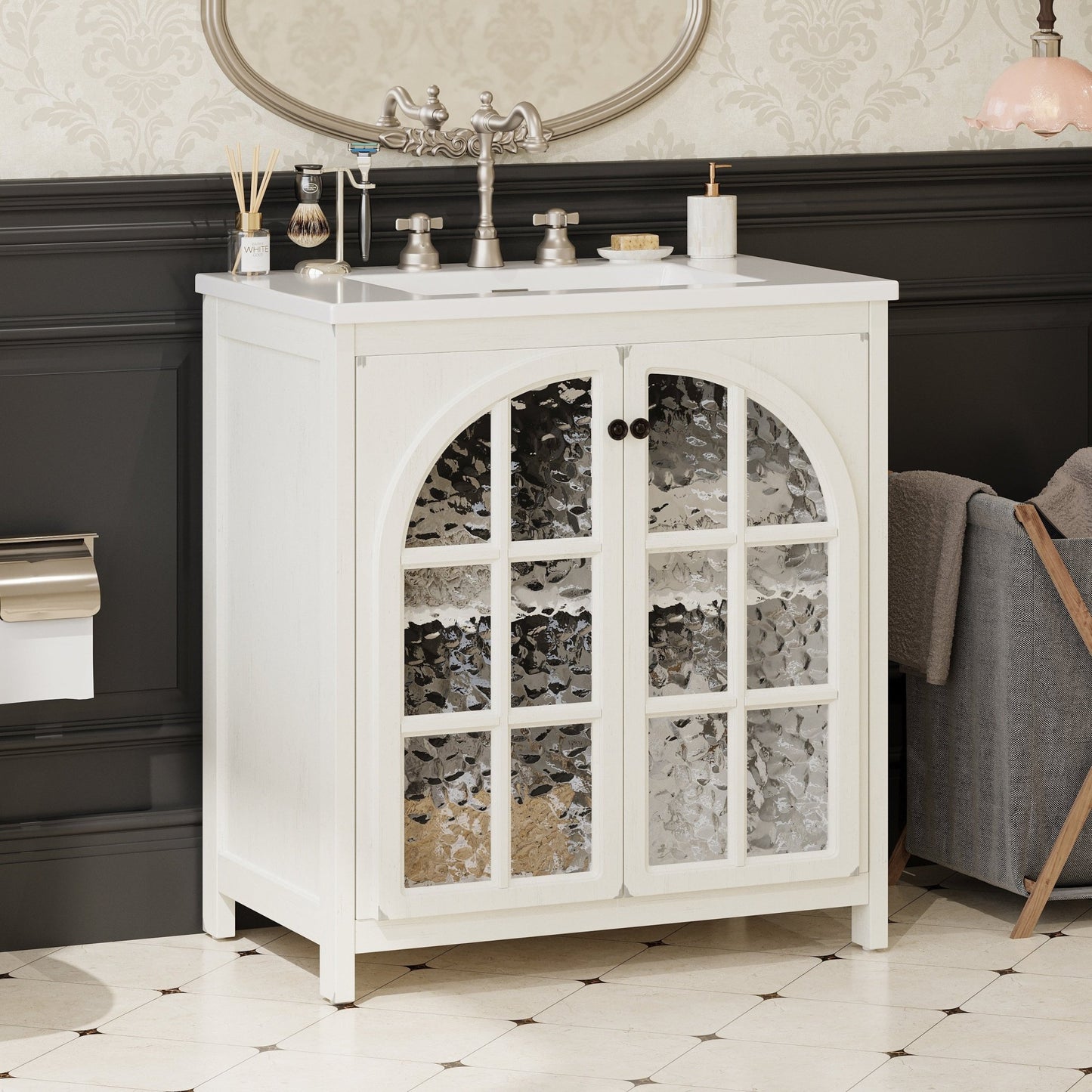 31 Inch Antique White Bathroom Vanity with Ceramic Sink - 1st Choice Furniture Direct