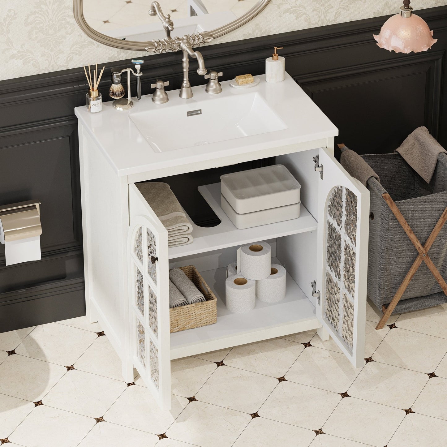 31 Inch Antique White Bathroom Vanity with Ceramic Sink - 1st Choice Furniture Direct