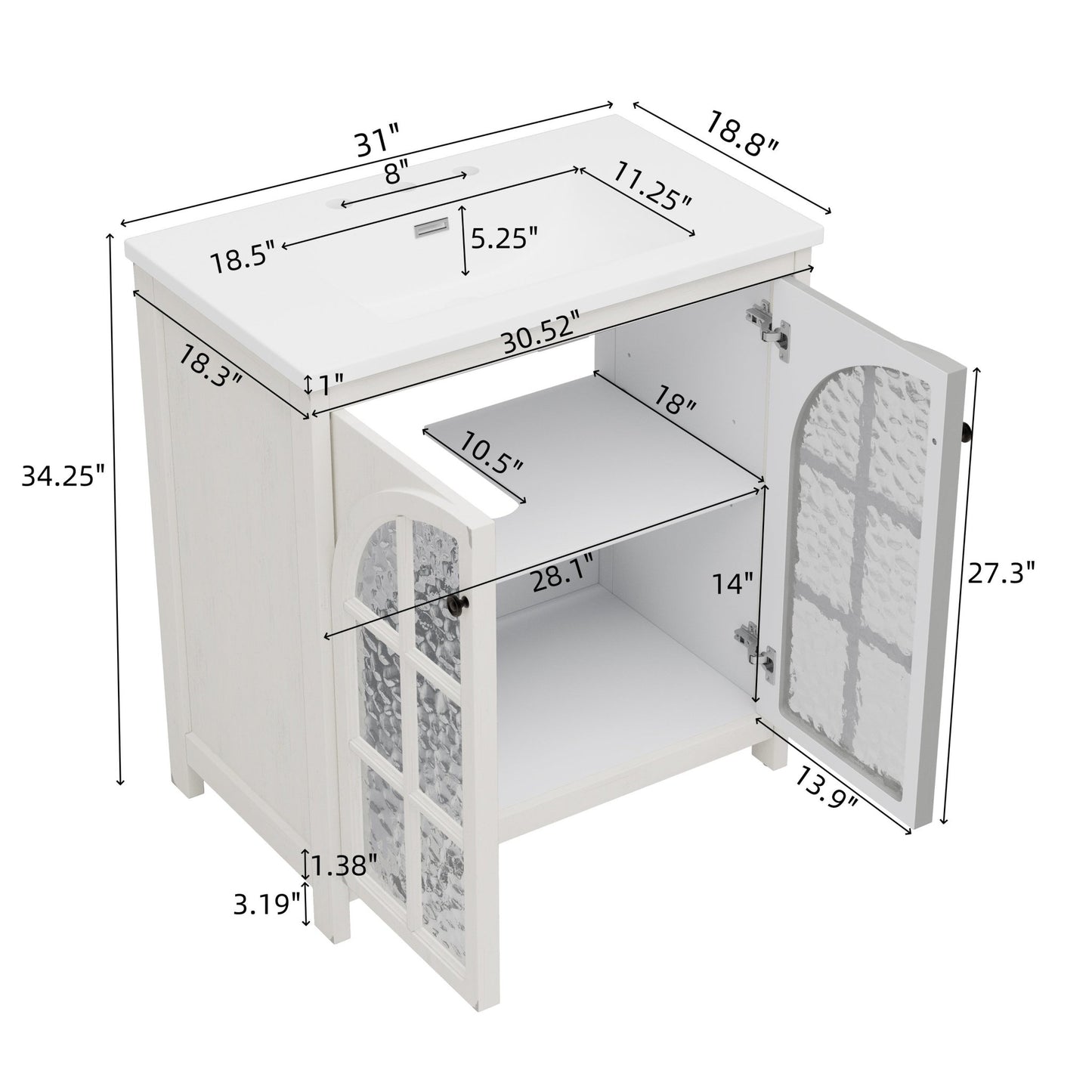 31 Inch Antique White Bathroom Vanity with Ceramic Sink - 1st Choice Furniture Direct