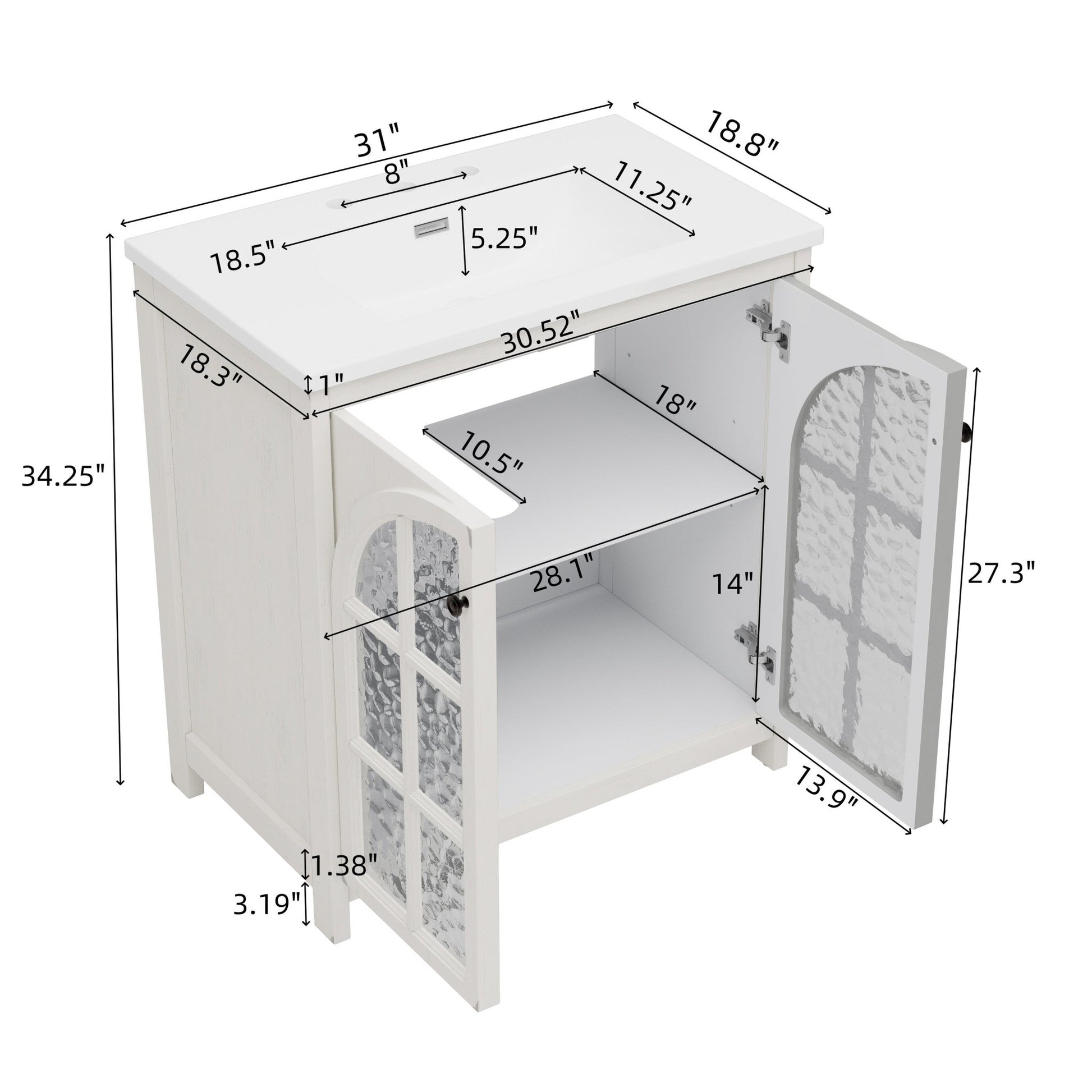 31 Inch Antique White Bathroom Vanity with Ceramic Sink - 1st Choice Furniture Direct