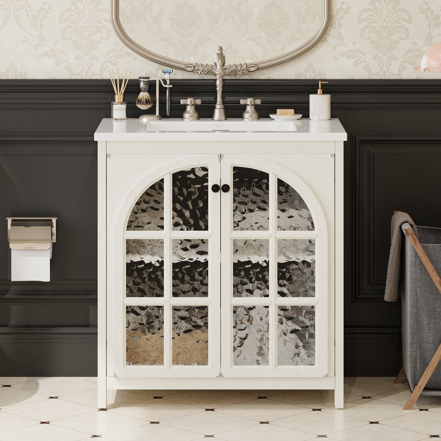 31 Inch Antique White Bathroom Vanity with Ceramic Sink - 1st Choice Furniture Direct