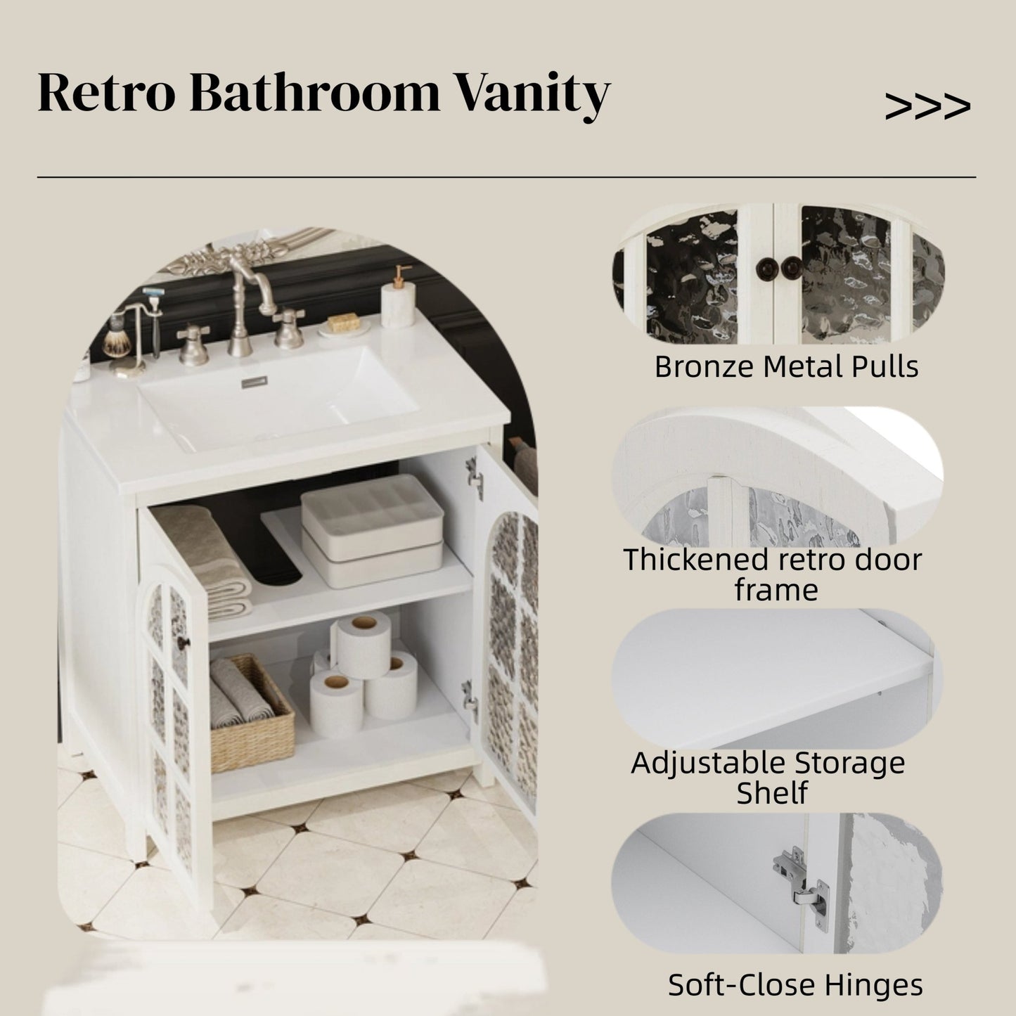 31 Inch Antique White Bathroom Vanity with Ceramic Sink - 1st Choice Furniture Direct