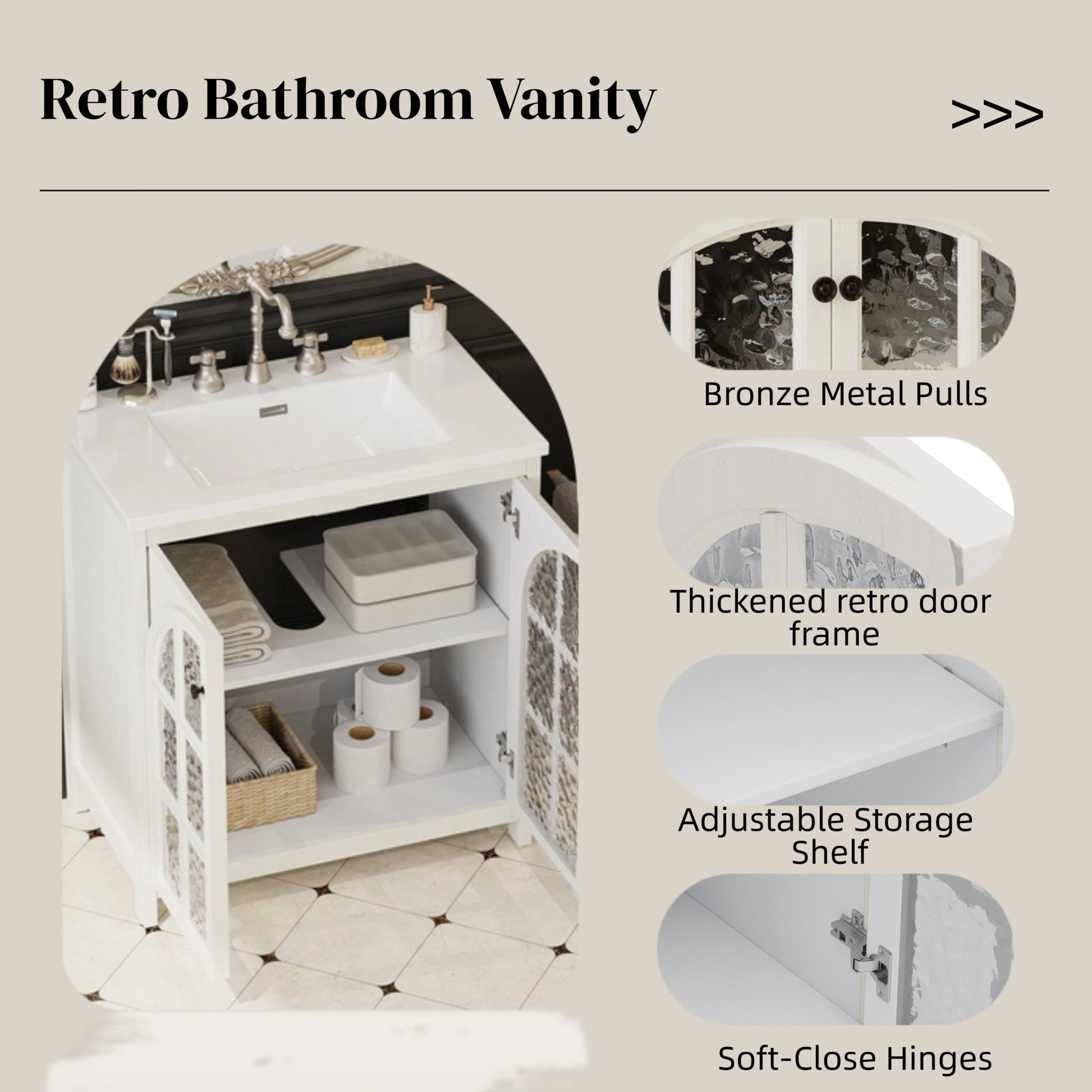 31 Inch Antique White Bathroom Vanity with Ceramic Sink - 1st Choice Furniture Direct