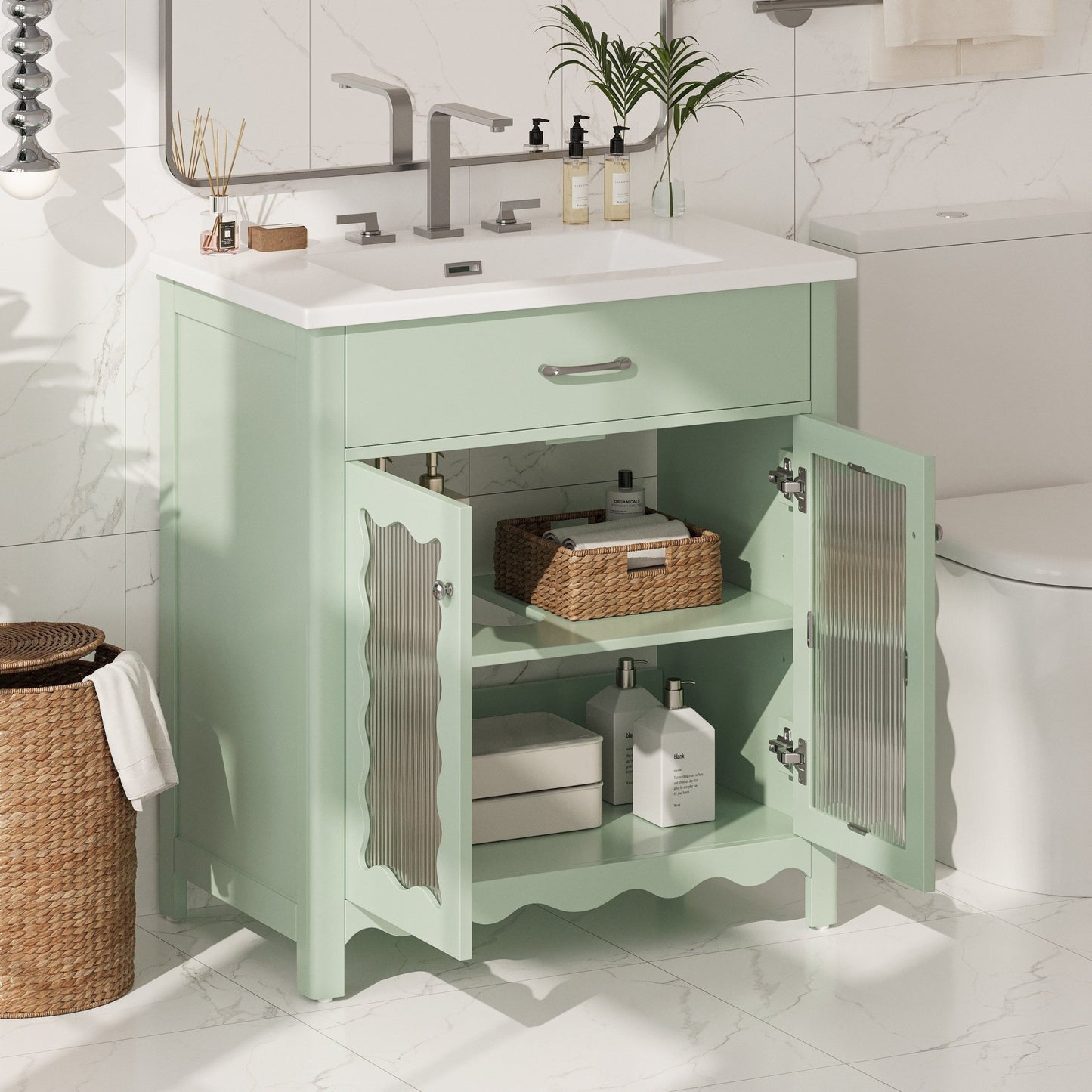 31-Inch Green Bathroom Vanity with Ceramic Sink and Glass Doors - 1st Choice Furniture Direct