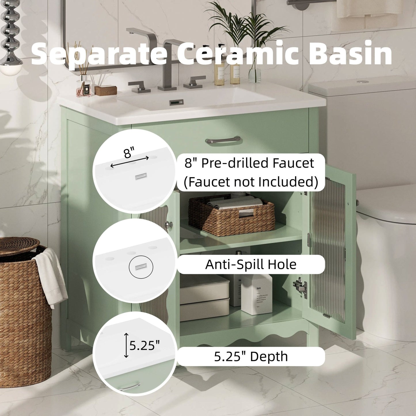 31-Inch Green Bathroom Vanity with Ceramic Sink and Glass Doors - 1st Choice Furniture Direct