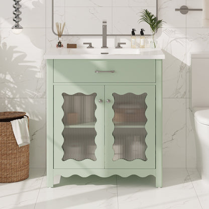 31-Inch Green Bathroom Vanity with Ceramic Sink and Glass Doors - 1st Choice Furniture Direct