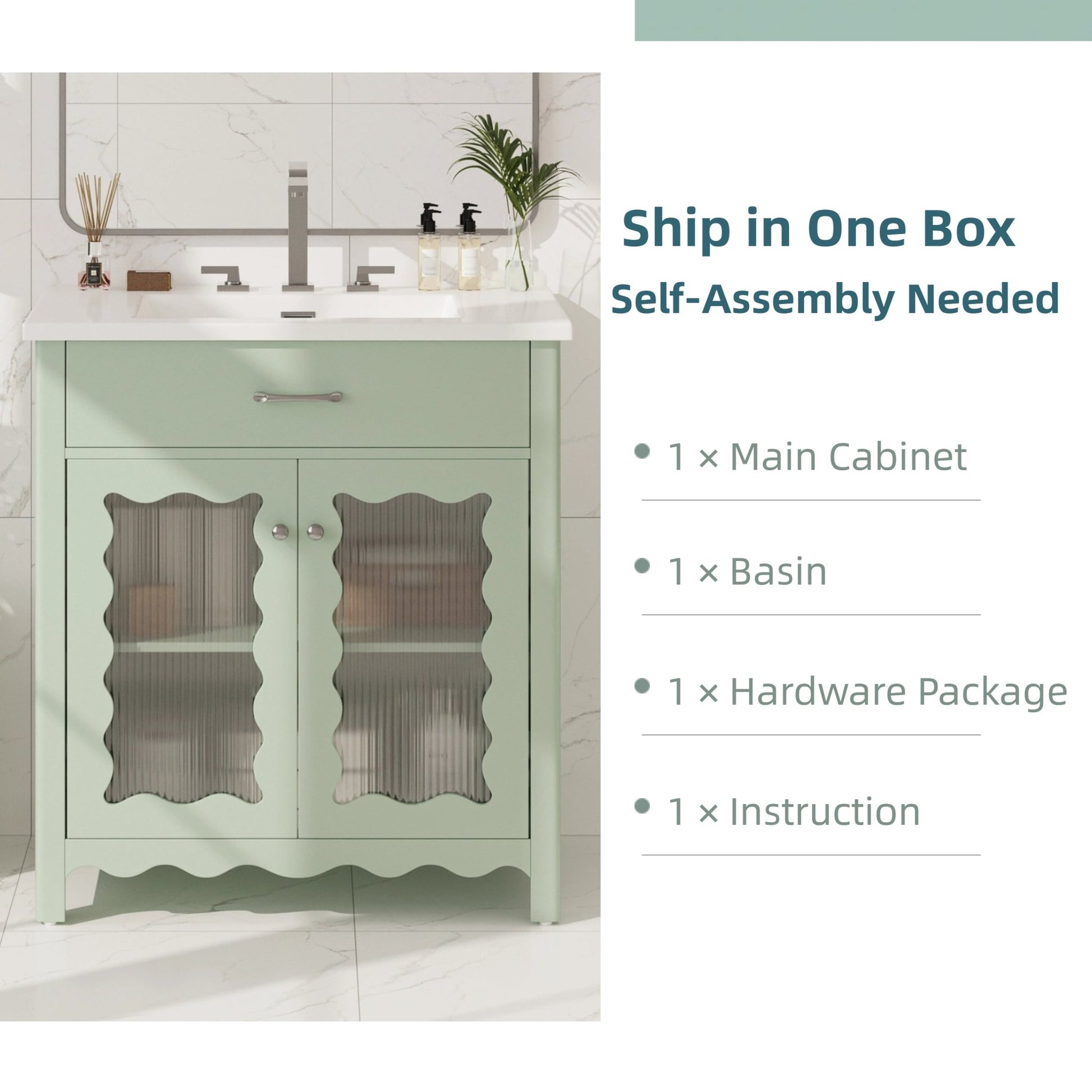 31-Inch Green Bathroom Vanity with Ceramic Sink and Glass Doors - 1st Choice Furniture Direct