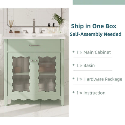 31-Inch Green Bathroom Vanity with Ceramic Sink and Glass Doors - 1st Choice Furniture Direct