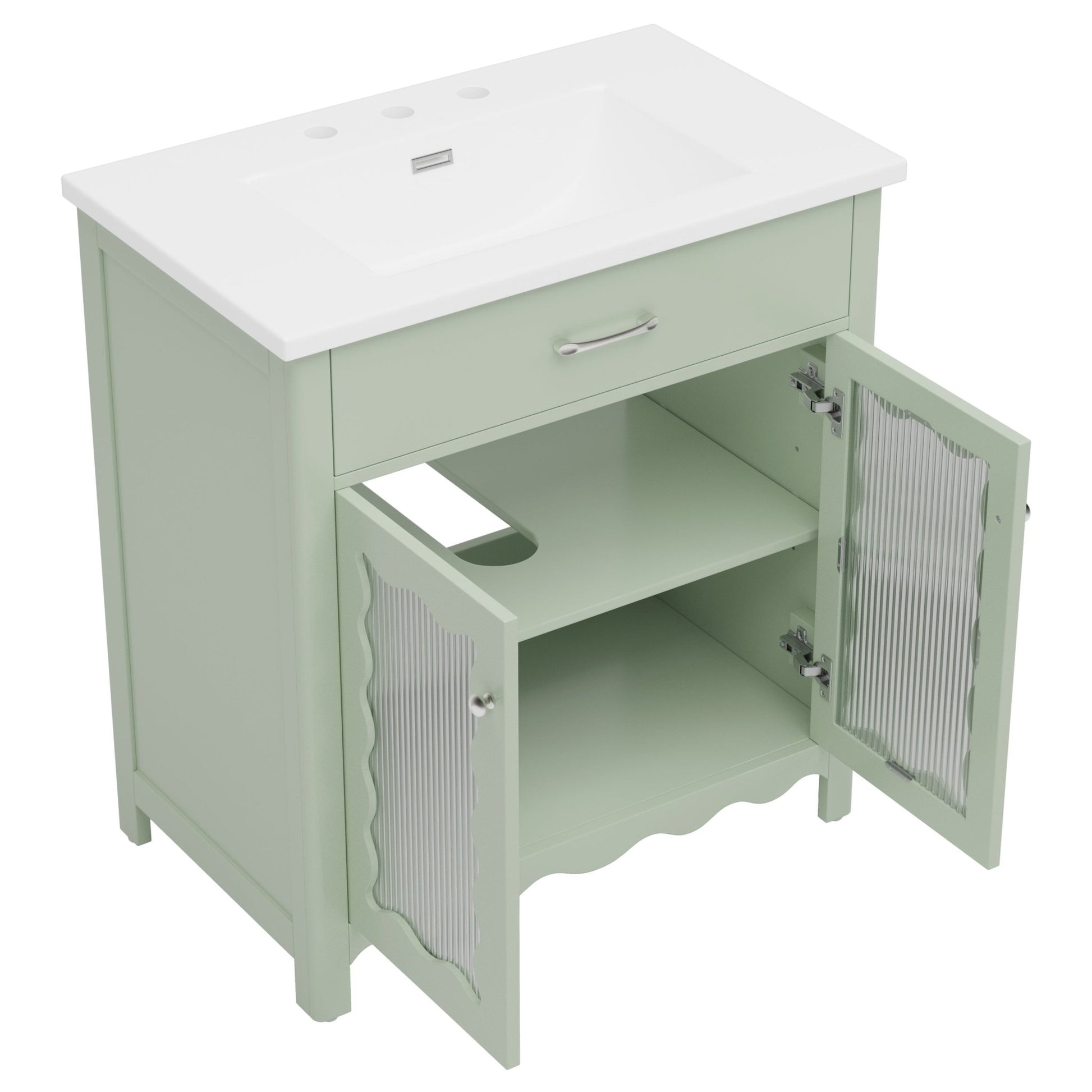 31-Inch Green Bathroom Vanity with Ceramic Sink and Glass Doors - 1st Choice Furniture Direct