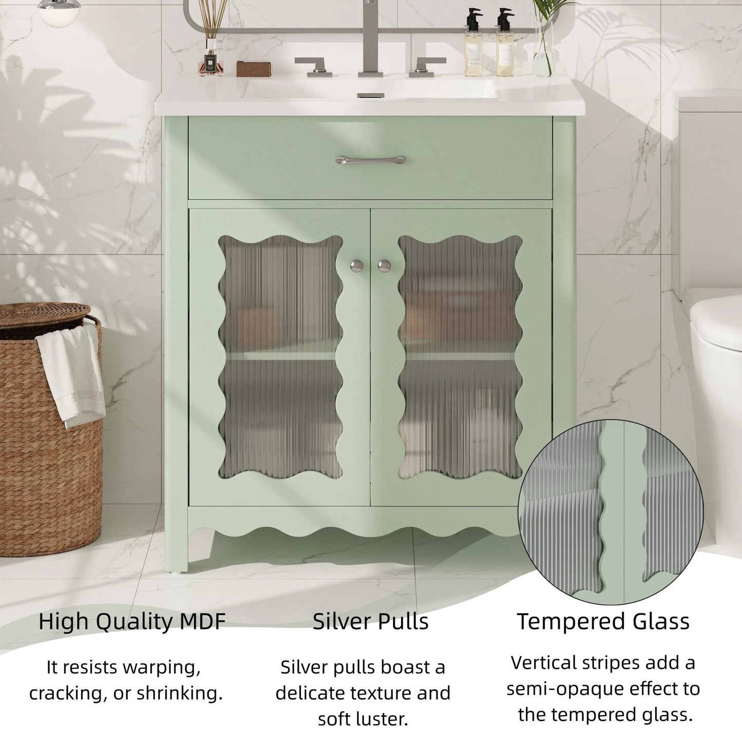 31-Inch Green Bathroom Vanity with Ceramic Sink and Glass Doors - 1st Choice Furniture Direct