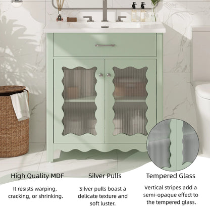 31-Inch Green Bathroom Vanity with Ceramic Sink and Glass Doors - 1st Choice Furniture Direct
