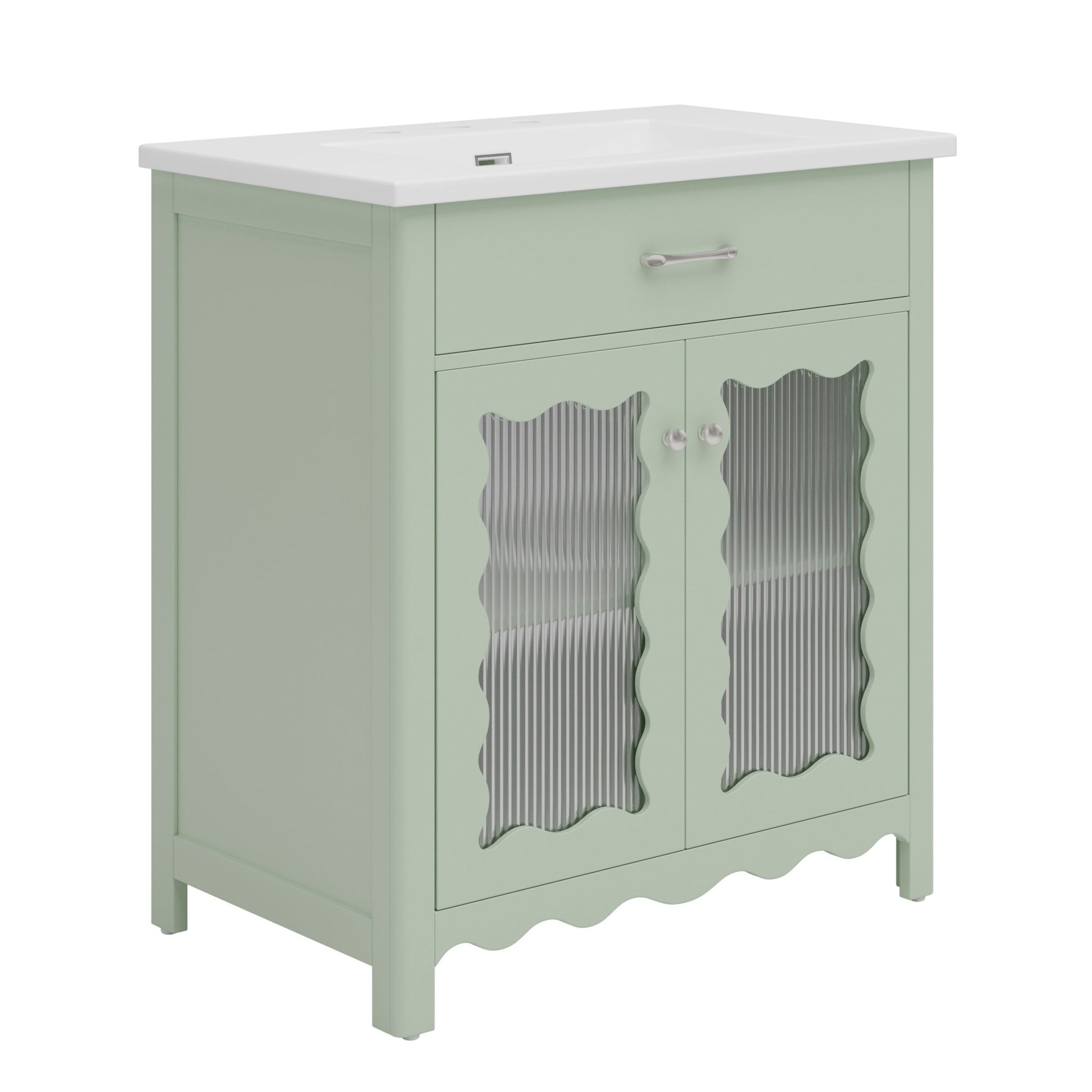 31-Inch Green Bathroom Vanity with Ceramic Sink and Glass Doors - 1st Choice Furniture Direct