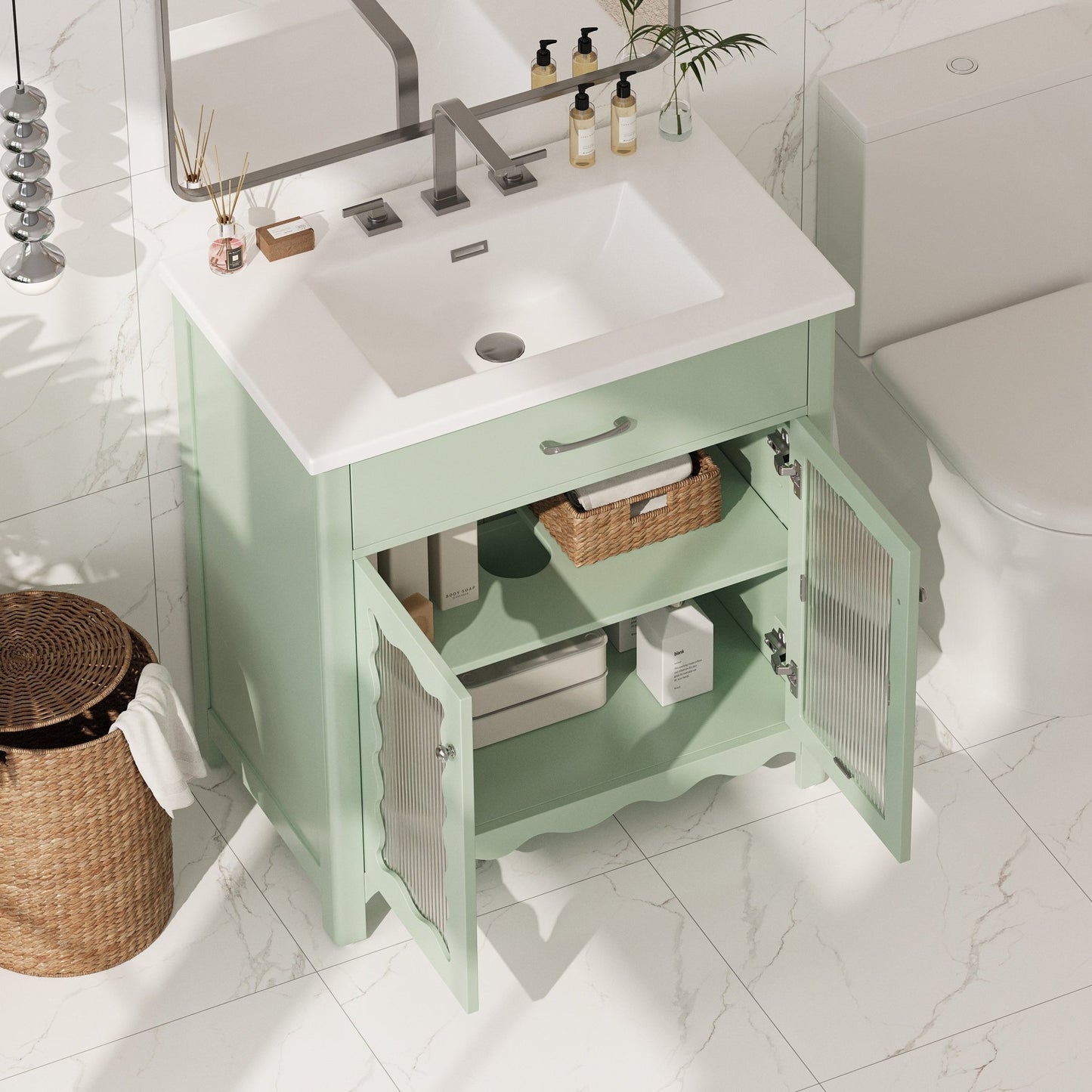 31-Inch Green Bathroom Vanity with Ceramic Sink and Glass Doors - 1st Choice Furniture Direct