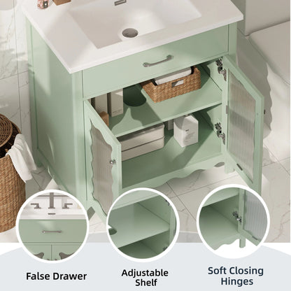 31-Inch Green Bathroom Vanity with Ceramic Sink and Glass Doors - 1st Choice Furniture Direct