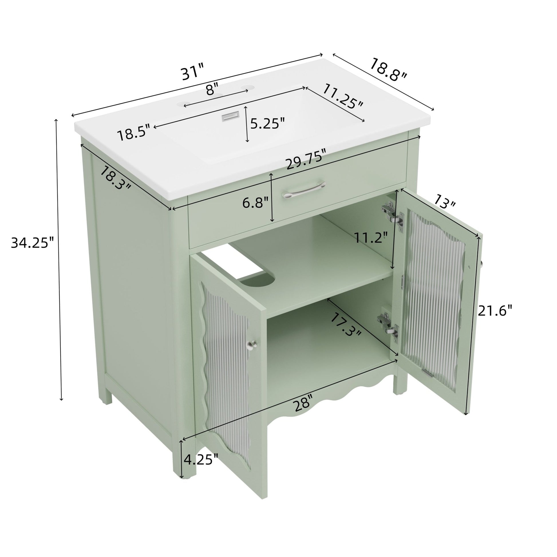 31-Inch Green Bathroom Vanity with Ceramic Sink and Glass Doors - 1st Choice Furniture Direct