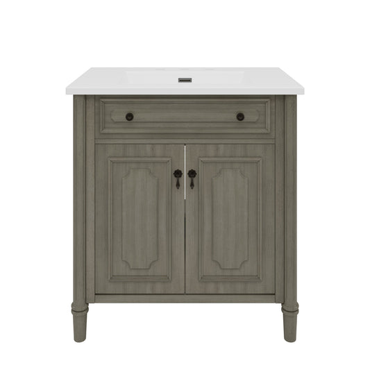 31' Vintage Bathroom Vanity with Sink, Rustic Cabinet featuring Soft Close Doors and Adjustable Shelf, Curved Profile Design, Rubber Wood Legs, Antique Gray - 1st Choice Furniture Direct