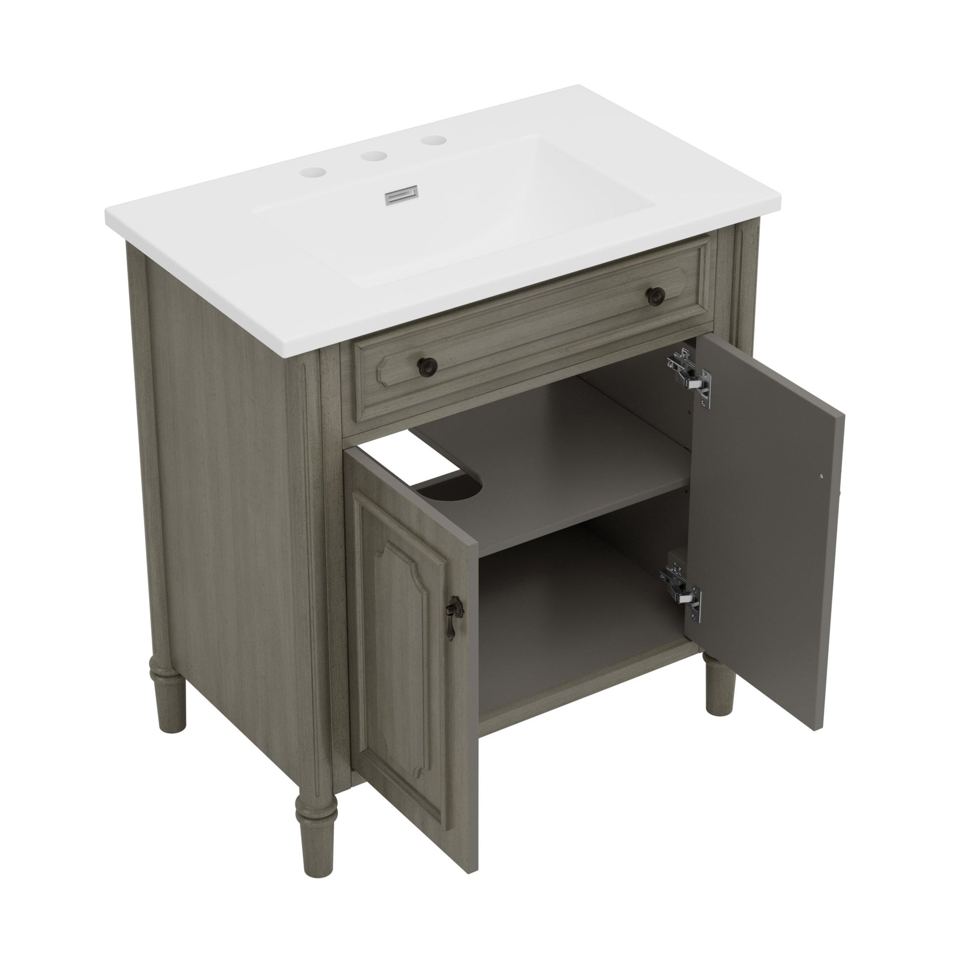 31' Vintage Bathroom Vanity with Sink, Rustic Cabinet featuring Soft Close Doors and Adjustable Shelf, Curved Profile Design, Rubber Wood Legs, Antique Gray - 1st Choice Furniture Direct