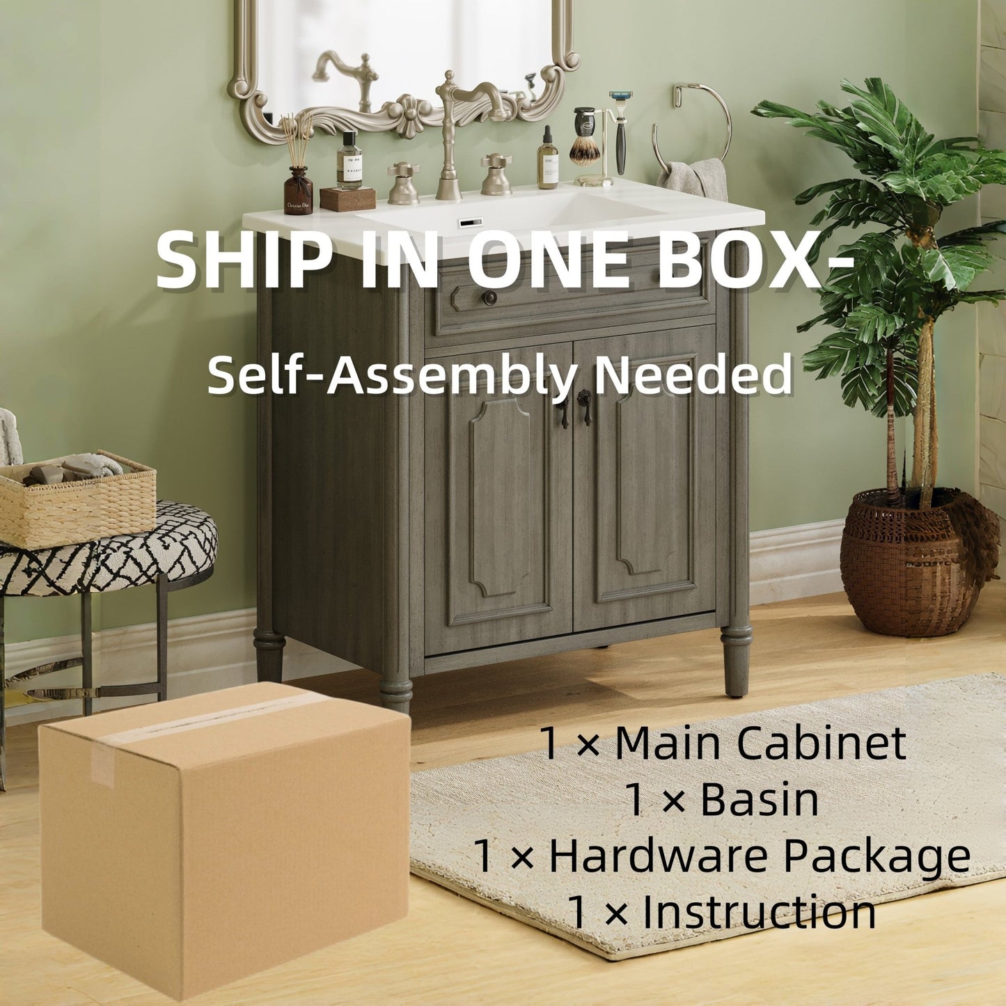 31' Vintage Bathroom Vanity with Sink, Rustic Cabinet featuring Soft Close Doors and Adjustable Shelf, Curved Profile Design, Rubber Wood Legs, Antique Gray - 1st Choice Furniture Direct