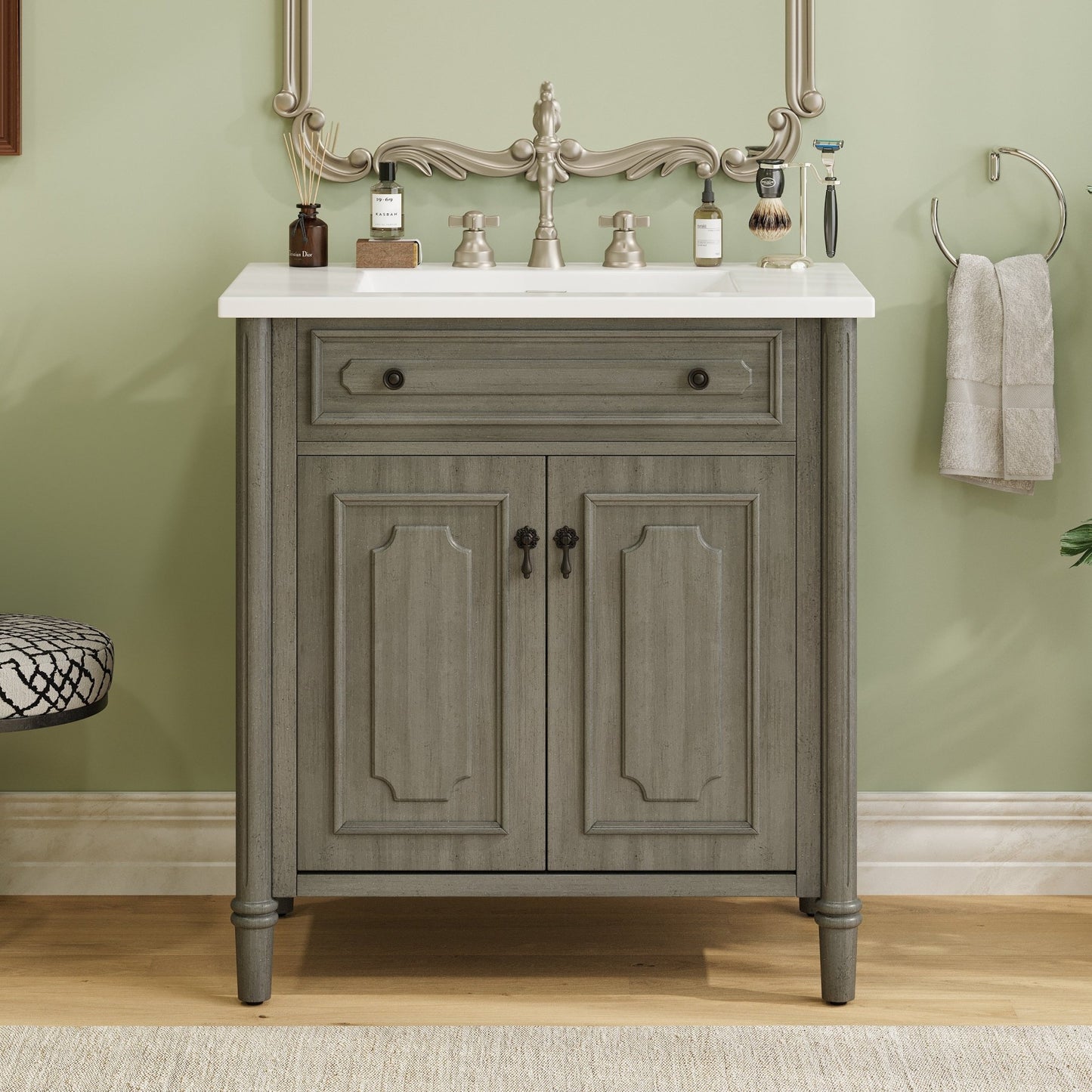 31' Vintage Bathroom Vanity with Sink, Rustic Cabinet featuring Soft Close Doors and Adjustable Shelf, Curved Profile Design, Rubber Wood Legs, Antique Gray - 1st Choice Furniture Direct
