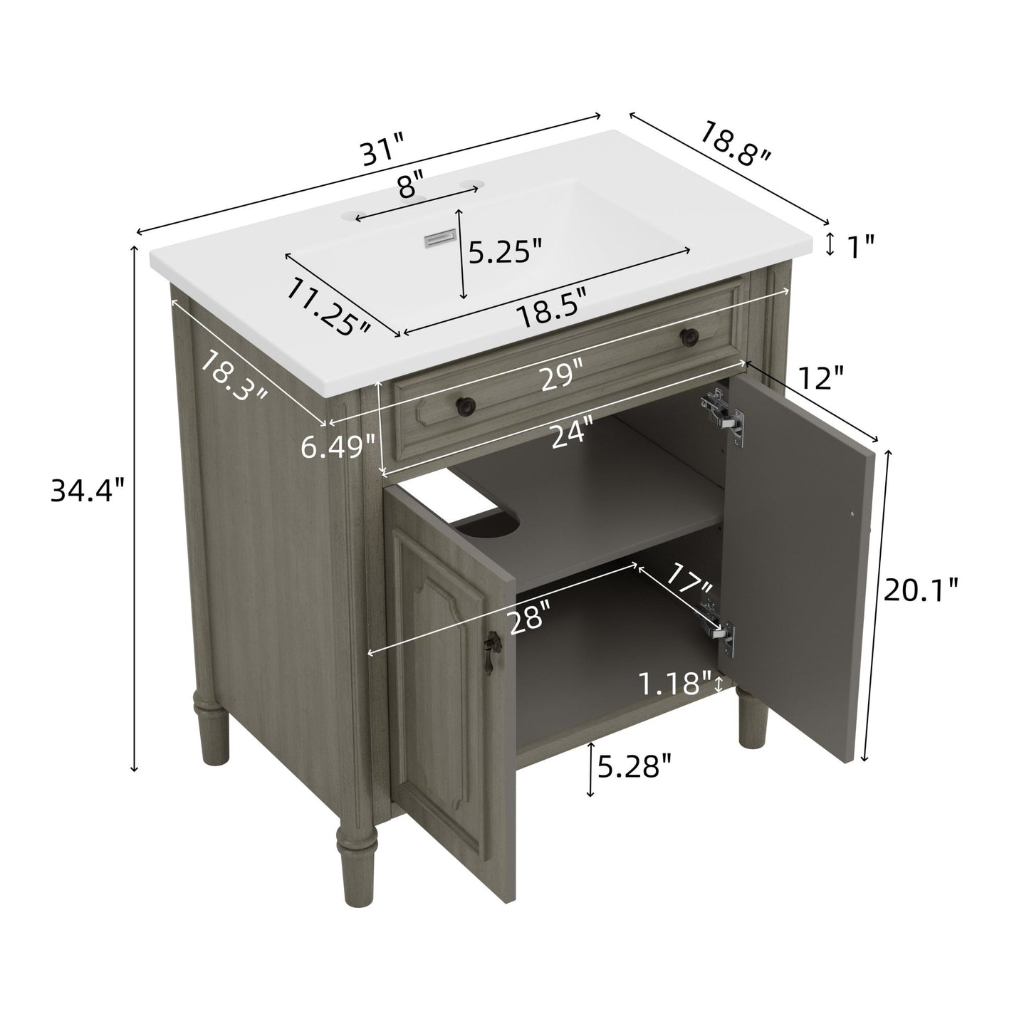 31' Vintage Bathroom Vanity with Sink, Rustic Cabinet featuring Soft Close Doors and Adjustable Shelf, Curved Profile Design, Rubber Wood Legs, Antique Gray - 1st Choice Furniture Direct