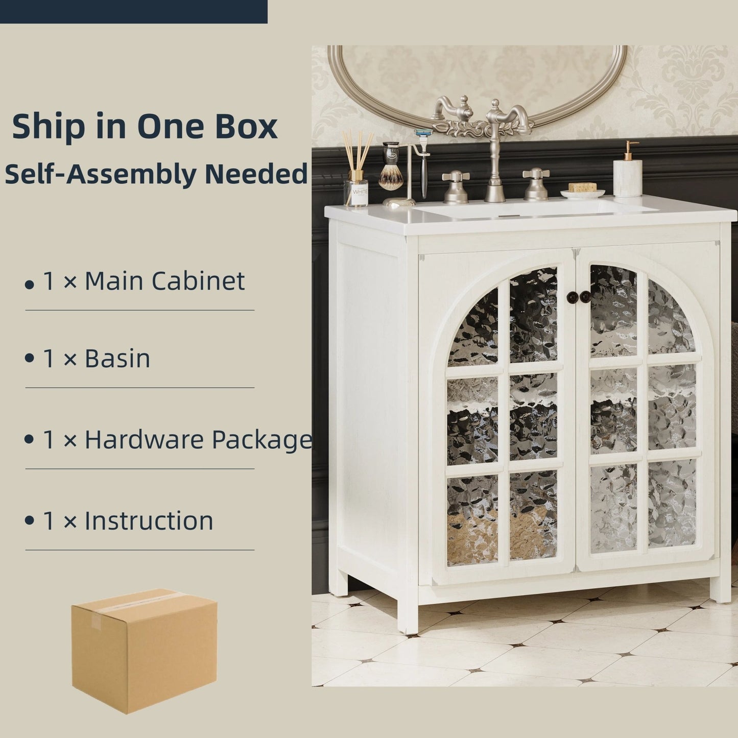 31' Vintage Farmhouse Bathroom Vanity with Ceramic Sink, Antique White Faux Aged Finish, Bronze Pulls, Soft - Closing Doors, Rubber Wood Frame - 1st Choice Furniture Direct