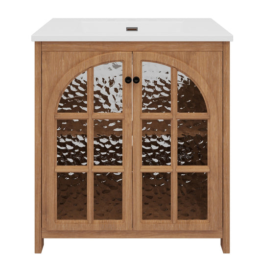 31' Vintage Rustic Bathroom Vanity with Ceramic Sink, Antique Natural Finish, Bronze Pulls, MDF & Rubber Wood Construction - 1st Choice Furniture Direct