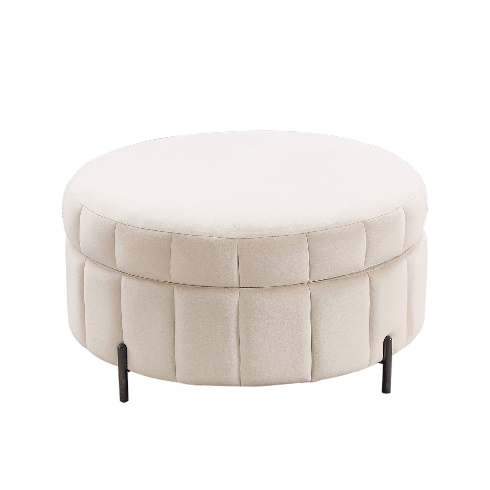 31.5'W Upholstered Round Ottoman With Reversible Lid, Velvet Storage Stool, Channel Tufted Pumpkin - shape Footstool for Living room, Bedroom and Office, Beige - 1st Choice Furniture Direct