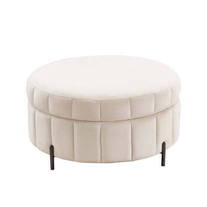 31.5'W Upholstered Round Ottoman With Reversible Lid, Velvet Storage Stool, Channel Tufted Pumpkin - shape Footstool for Living room, Bedroom and Office, Beige - 1st Choice Furniture Direct