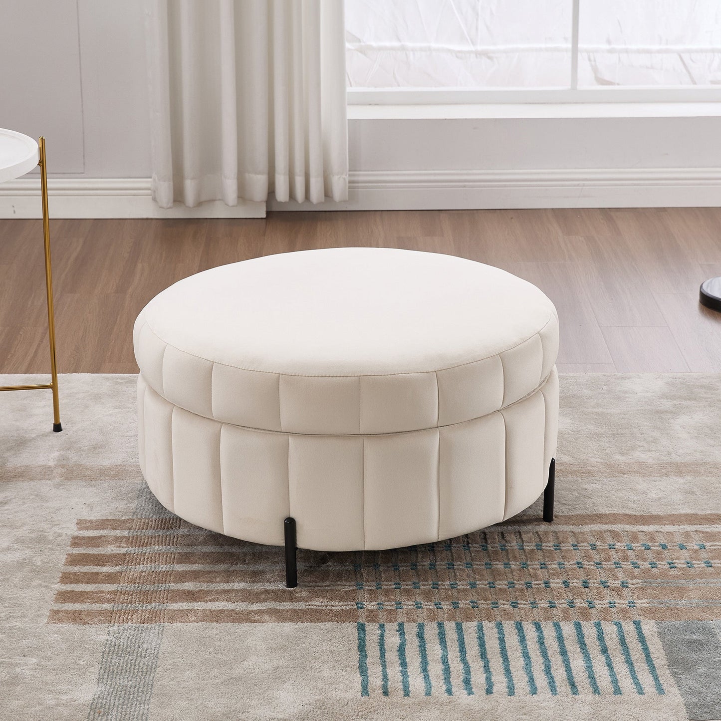 31.5'W Upholstered Round Ottoman With Reversible Lid, Velvet Storage Stool, Channel Tufted Pumpkin - shape Footstool for Living room, Bedroom and Office, Beige - 1st Choice Furniture Direct