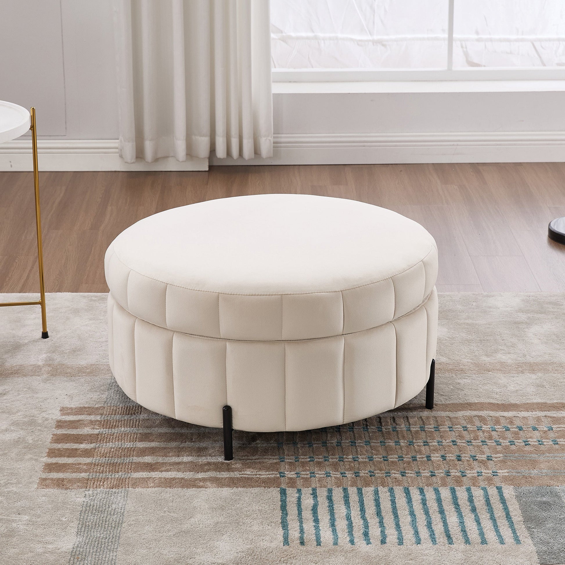 31.5'W Upholstered Round Ottoman With Reversible Lid, Velvet Storage Stool, Channel Tufted Pumpkin - shape Footstool for Living room, Bedroom and Office, Beige - 1st Choice Furniture Direct
