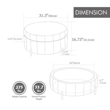 31.5'W Upholstered Round Ottoman With Reversible Lid, Velvet Storage Stool, Channel Tufted Pumpkin - shape Footstool for Living room, Bedroom and Office, Beige - 1st Choice Furniture Direct