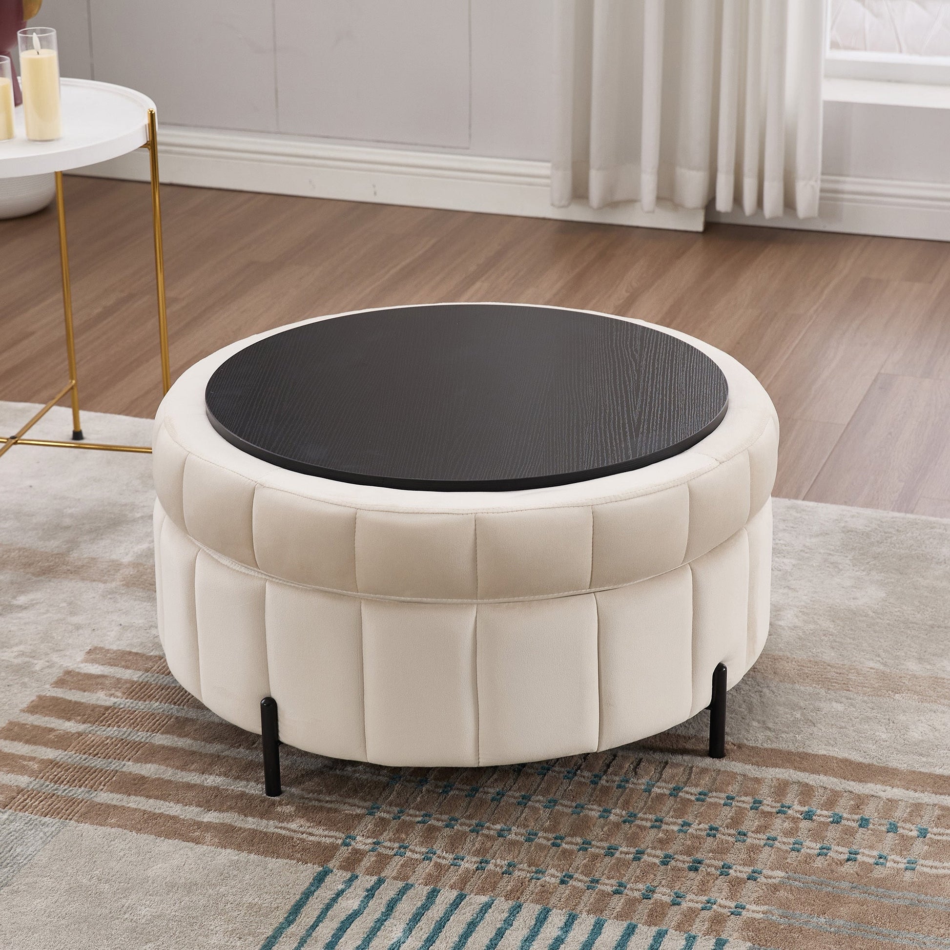 31.5'W Upholstered Round Ottoman With Reversible Lid, Velvet Storage Stool, Channel Tufted Pumpkin - shape Footstool for Living room, Bedroom and Office, Beige - 1st Choice Furniture Direct