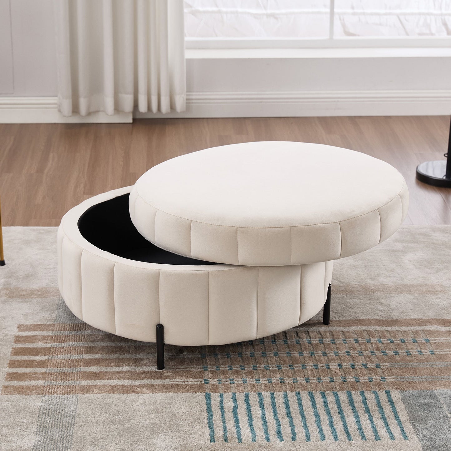 31.5'W Upholstered Round Ottoman With Reversible Lid, Velvet Storage Stool, Channel Tufted Pumpkin - shape Footstool for Living room, Bedroom and Office, Beige - 1st Choice Furniture Direct