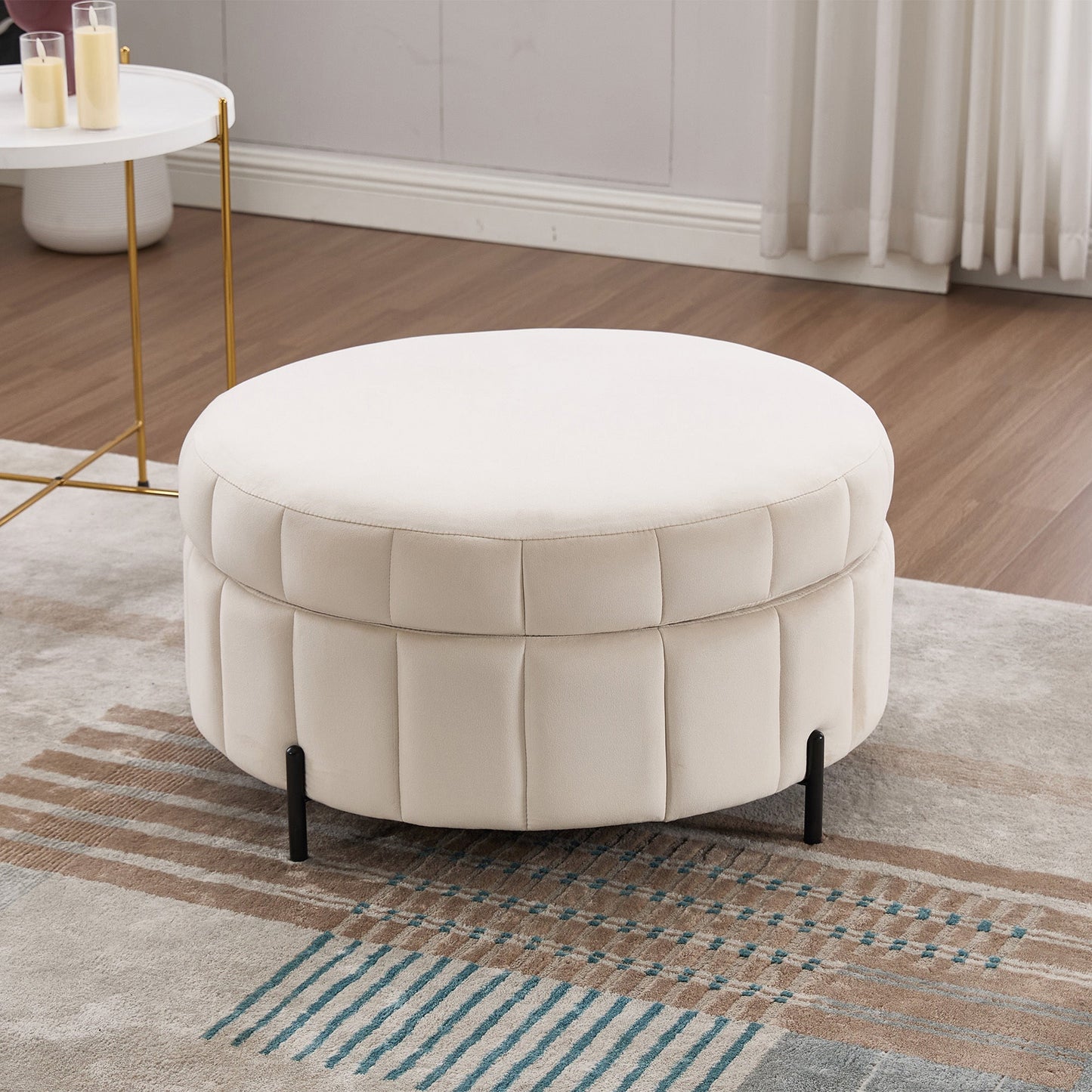 31.5'W Upholstered Round Ottoman With Reversible Lid, Velvet Storage Stool, Channel Tufted Pumpkin - shape Footstool for Living room, Bedroom and Office, Beige - 1st Choice Furniture Direct