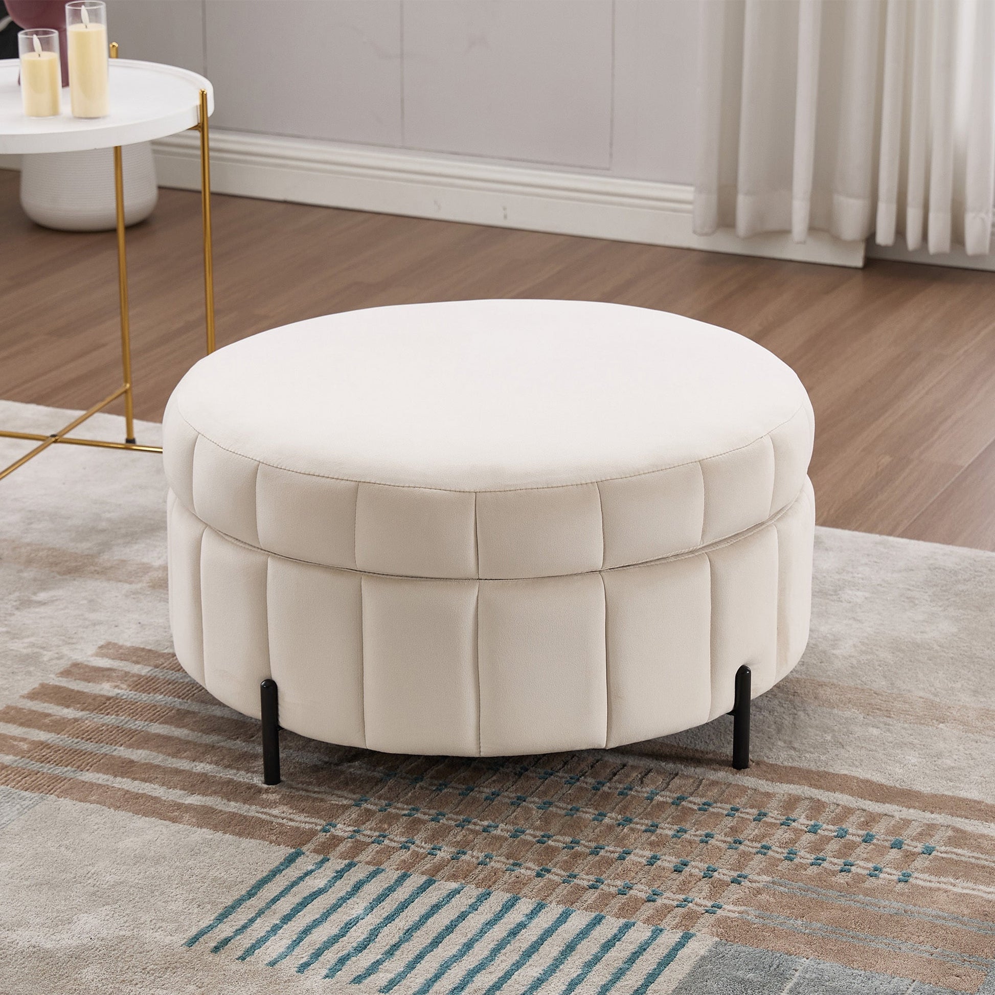 31.5'W Upholstered Round Ottoman With Reversible Lid, Velvet Storage Stool, Channel Tufted Pumpkin - shape Footstool for Living room, Bedroom and Office, Beige - 1st Choice Furniture Direct