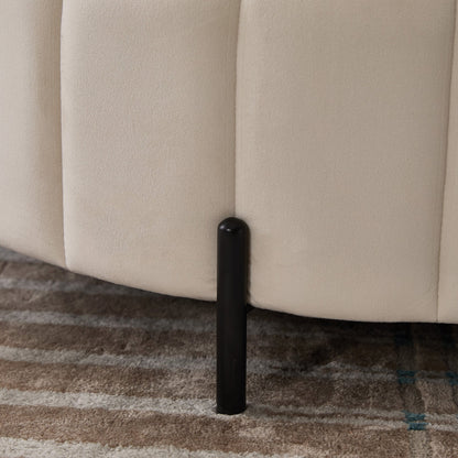 31.5'W Upholstered Round Ottoman With Reversible Lid, Velvet Storage Stool, Channel Tufted Pumpkin - shape Footstool for Living room, Bedroom and Office, Beige - 1st Choice Furniture Direct