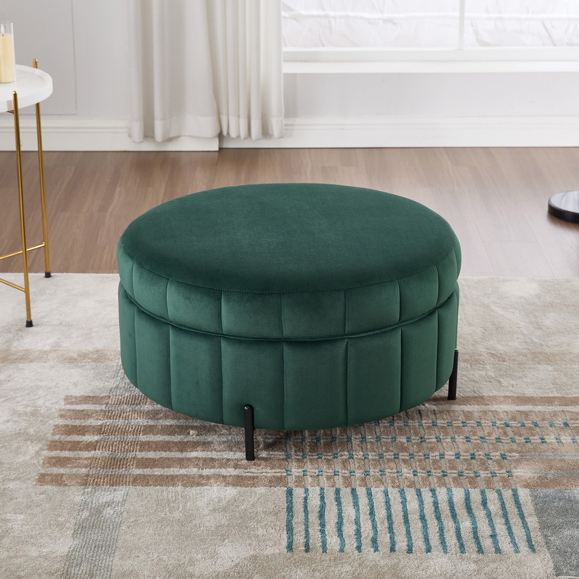 31.5'W Upholstered Round Ottoman With Reversible Lid, Velvet Storage Stool, Channel Tufted Pumpkin - shape Footstool for Living room, Bedroom and Office, Green - 1st Choice Furniture Direct