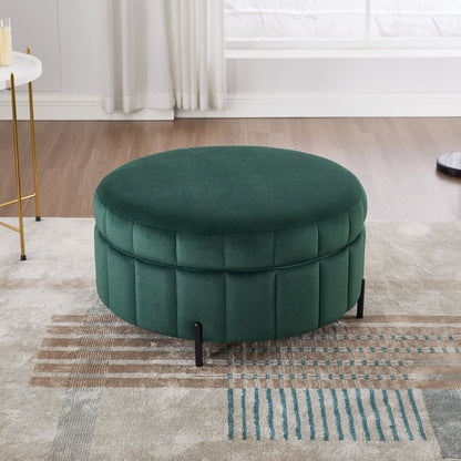 31.5'W Upholstered Round Ottoman With Reversible Lid, Velvet Storage Stool, Channel Tufted Pumpkin - shape Footstool for Living room, Bedroom and Office, Green - 1st Choice Furniture Direct