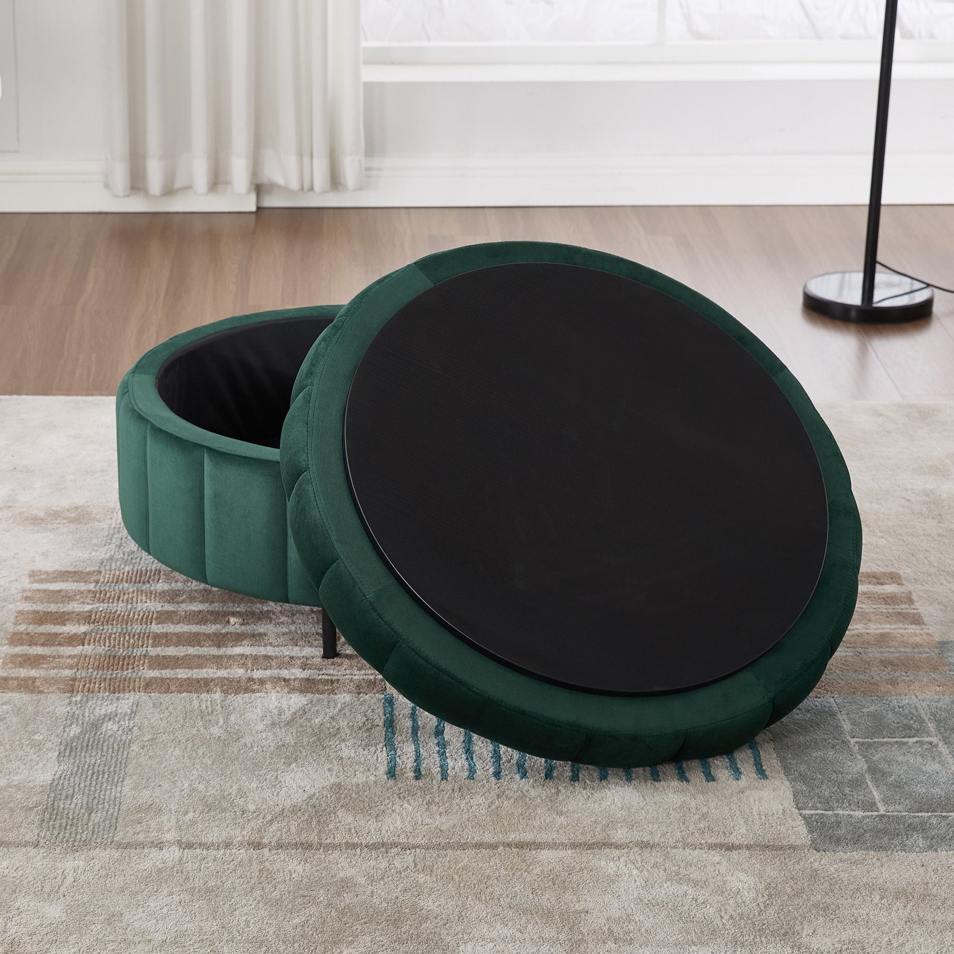 31.5'W Upholstered Round Ottoman With Reversible Lid, Velvet Storage Stool, Channel Tufted Pumpkin - shape Footstool for Living room, Bedroom and Office, Green - 1st Choice Furniture Direct