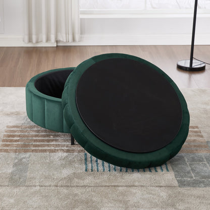31.5'W Upholstered Round Ottoman With Reversible Lid, Velvet Storage Stool, Channel Tufted Pumpkin - shape Footstool for Living room, Bedroom and Office, Green - 1st Choice Furniture Direct