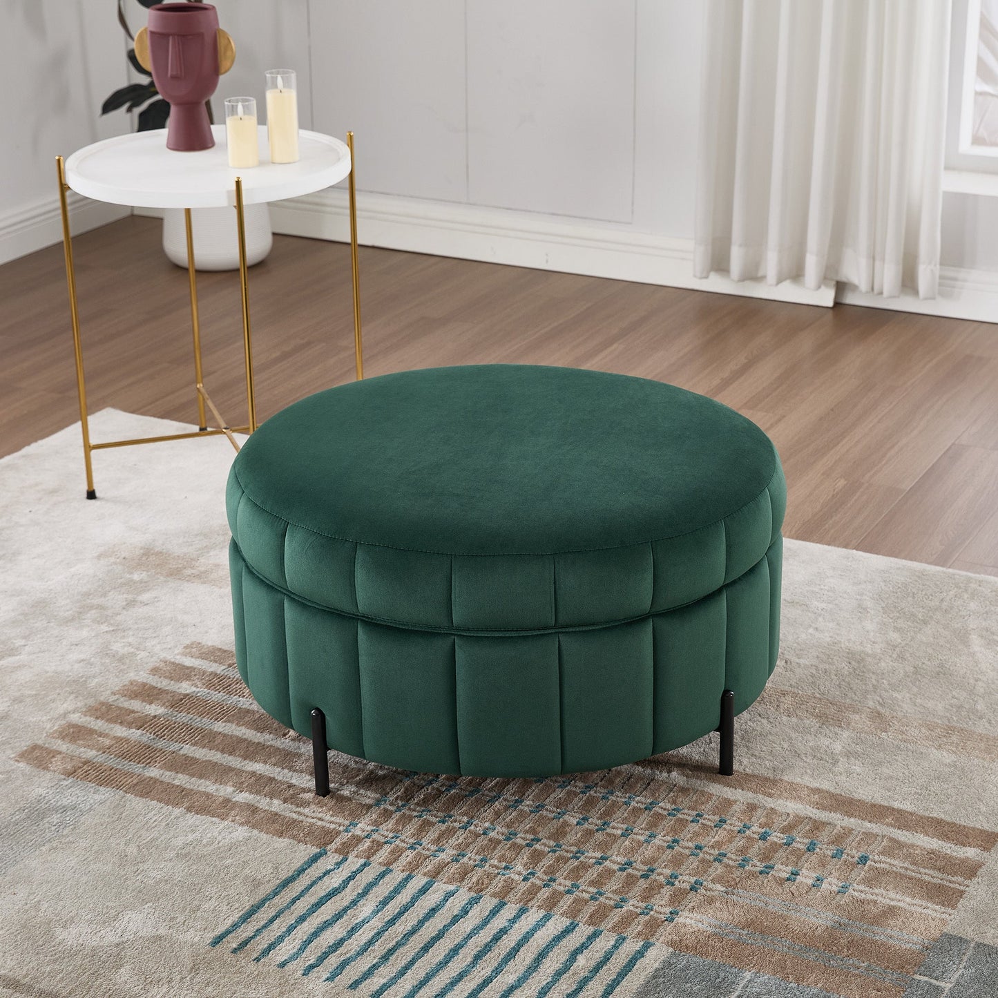 31.5'W Upholstered Round Ottoman With Reversible Lid, Velvet Storage Stool, Channel Tufted Pumpkin - shape Footstool for Living room, Bedroom and Office, Green - 1st Choice Furniture Direct