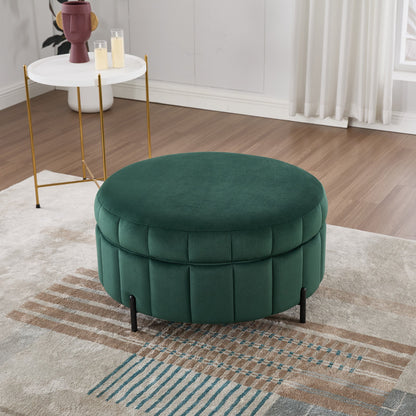 31.5'W Upholstered Round Ottoman With Reversible Lid, Velvet Storage Stool, Channel Tufted Pumpkin - shape Footstool for Living room, Bedroom and Office, Green - 1st Choice Furniture Direct